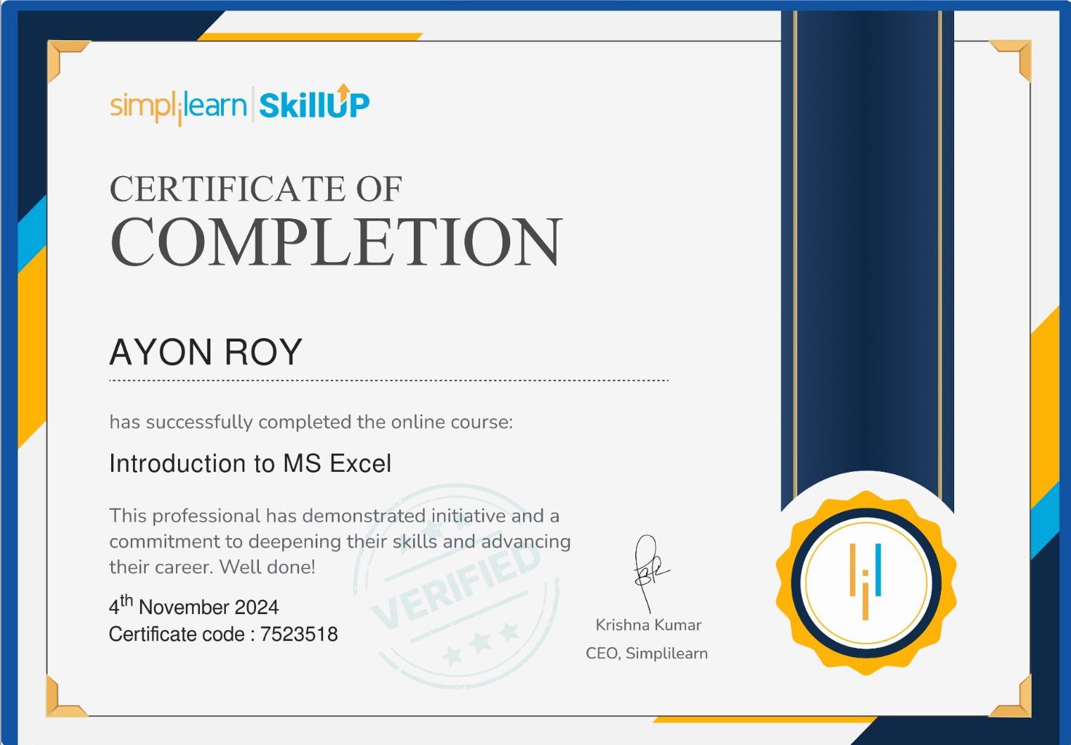 Introduction to MS Excel Certification